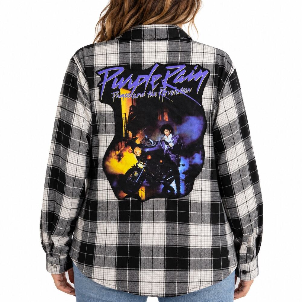 Goofandy Black White Plaid Upcycled Purple Rain Prince Flannel Sz L